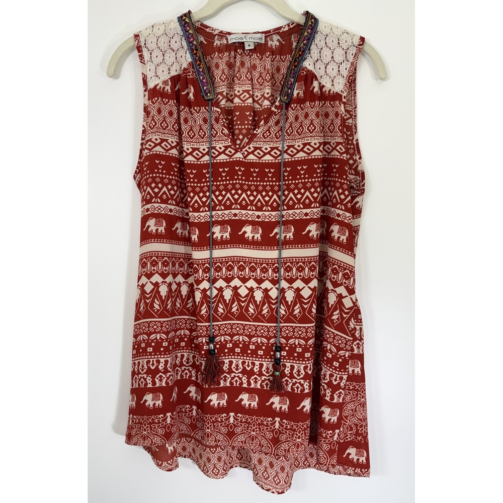 Moa Moa Boho Elephant Print Tank Top Medium M Red Lace Embroidered Tassel Tunic